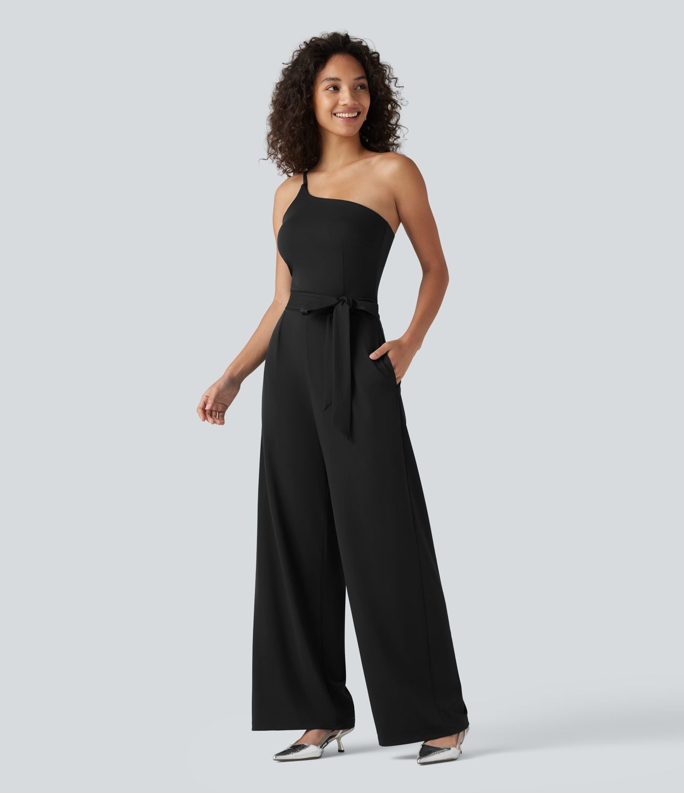 Combinaison de soirée asymétrique sans manches, ceinturée, avec soutien-gorge intégré et poches - Easy Peazy