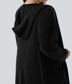 Cardigan long casual à capuche avec poches latérales et fentes grande taille manches longues