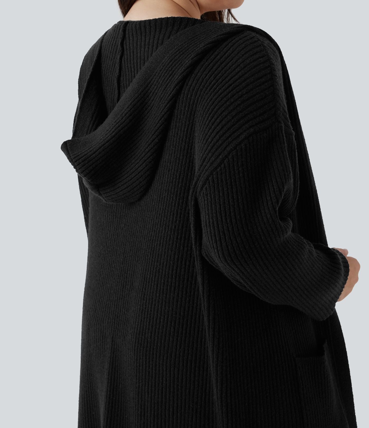Cardigan long casual à capuche avec poches latérales et fentes grande taille manches longues