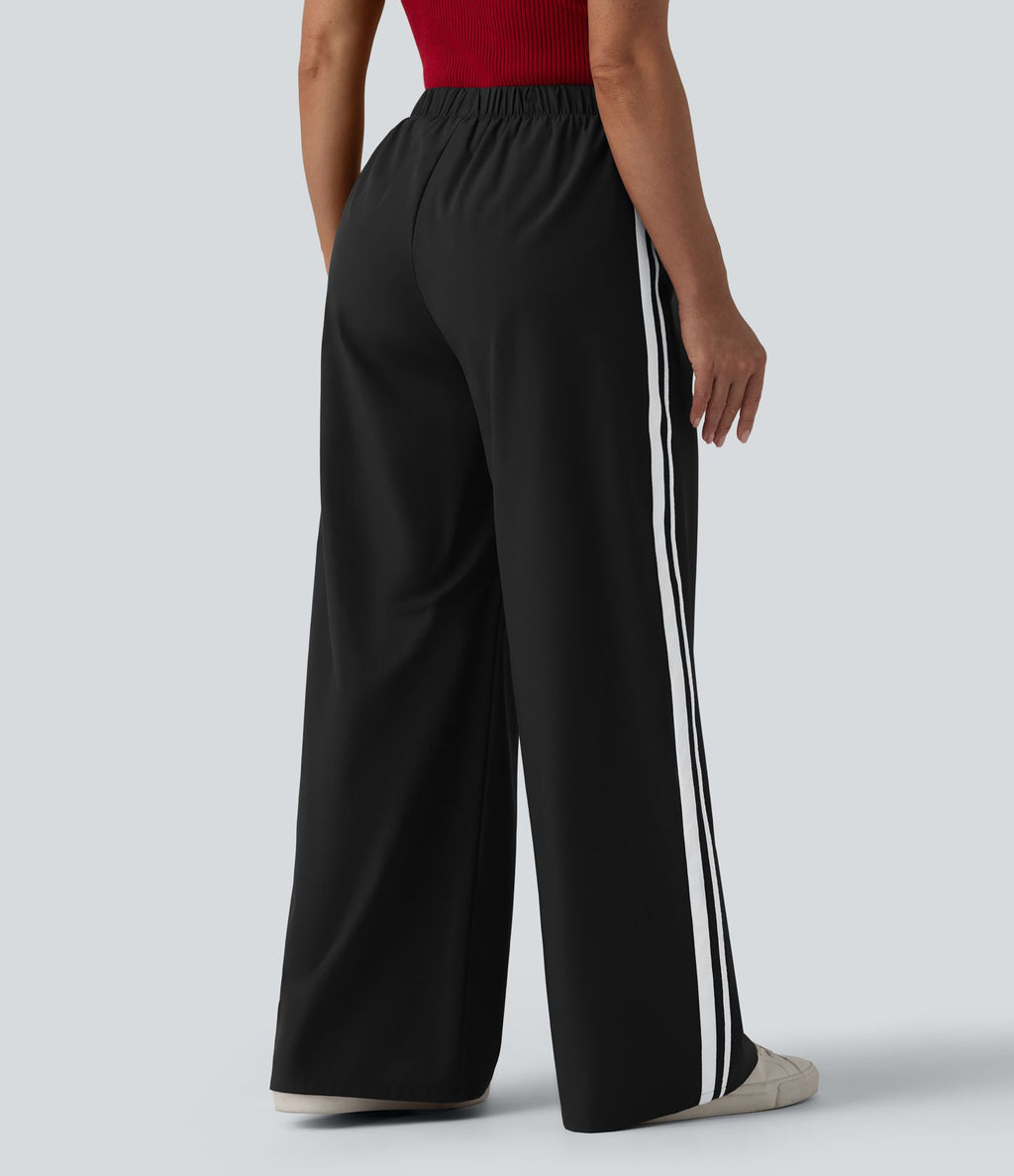 Pantalon large décontracté rayé taille haute avec cordon de serrage avec poches