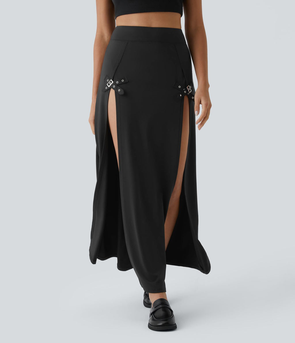 Jupe Casual Maxi 2 en 1 Taille Haute Boucle Décorative Fente