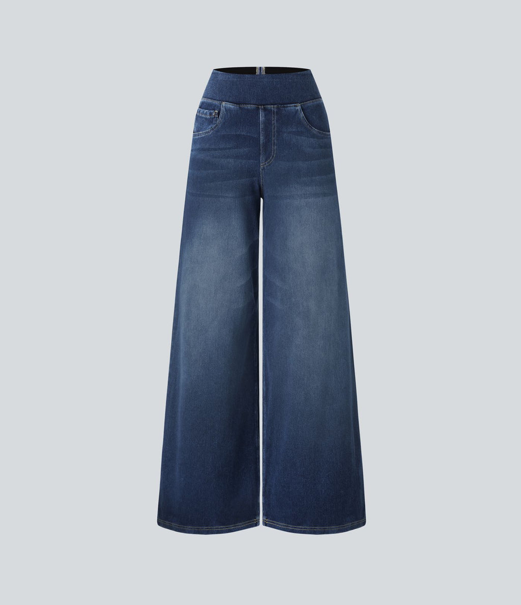 Halara Flex™ Jean Large Casual Taille Haute Poches Multiples Tricot Extensible Délavé