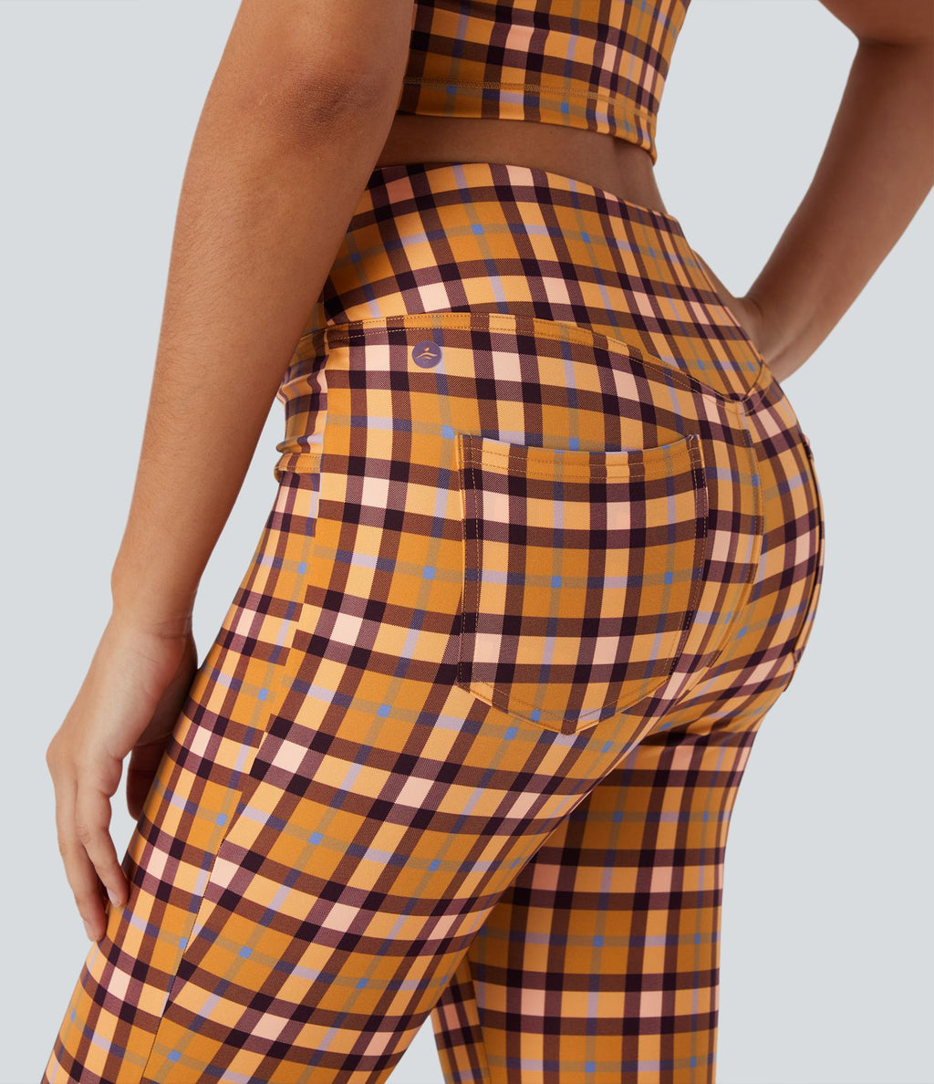 Pantalon décontracté bootcut à carreaux cool touch, taille haute, avec poches