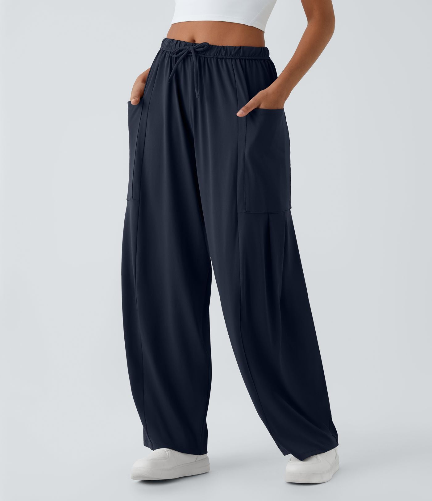 Pantalon Large Fluide Taille Mi-Haute Taille Élastique Cordon Poches Latérales Ourlet Flottant