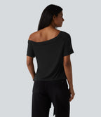 T-shirt décontracté asymétrique manches courtes soutien-gorge intégré nœud devant