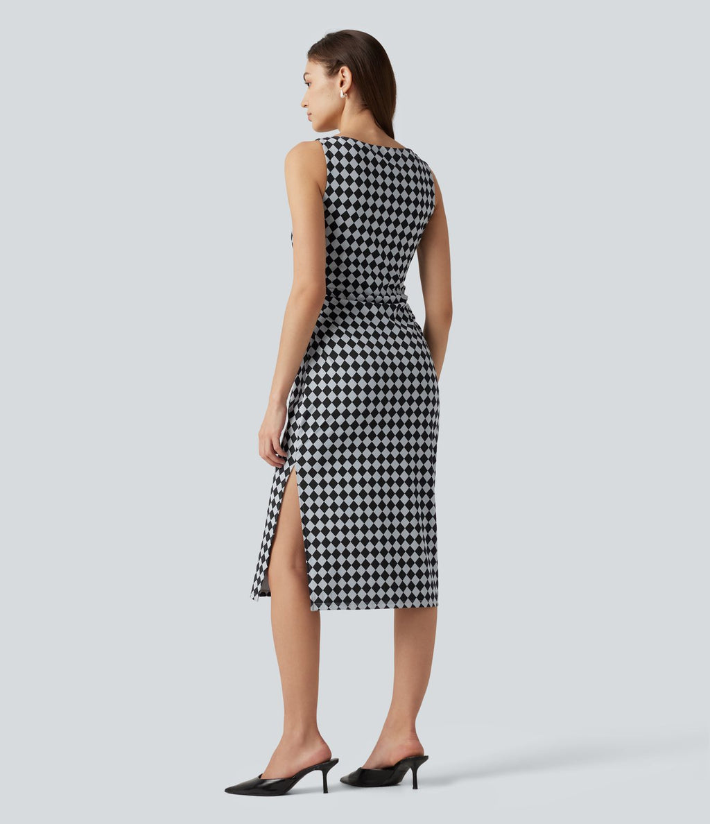 Robe midi moulante Halara UltraSculpt™ motif tartan, encolure bateau et sans manches