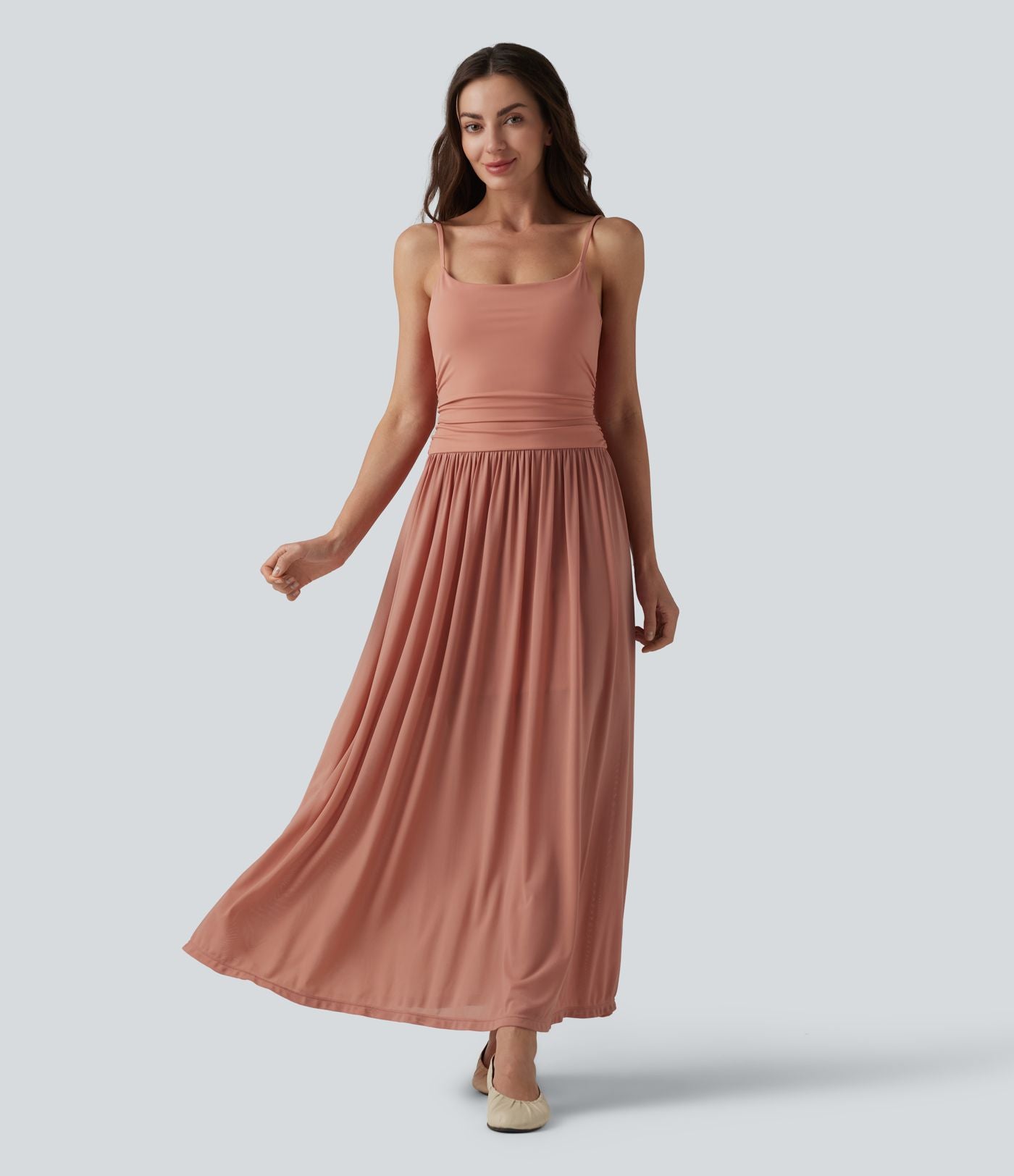 Robe nuisette longue décontractée fluide bretelles réglables froncée mesh contrasté soutien-gorge intégré