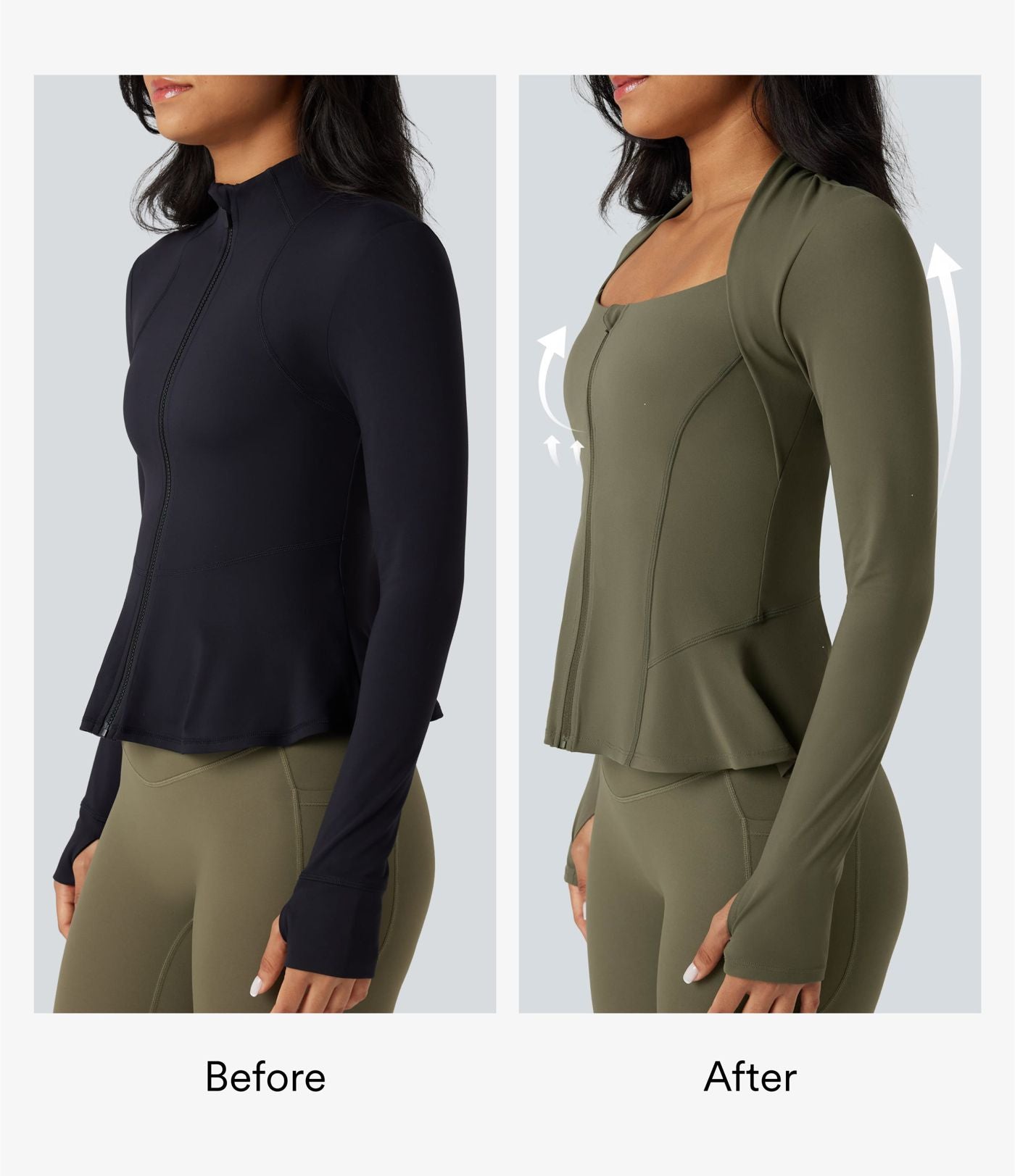 Veste yoga push-up zippée à manches longues avec passants pouces et ourlet à volants Halara UltraSculpt™