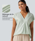 Blouse décontractée col V à mancherons en coton et lin