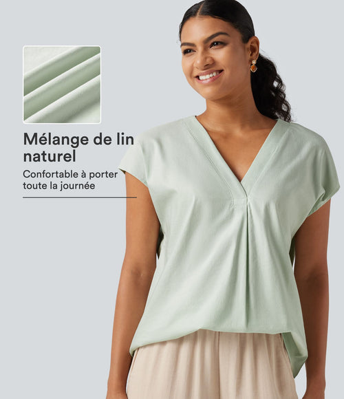 Blouse décontractée col V à mancherons en coton et lin