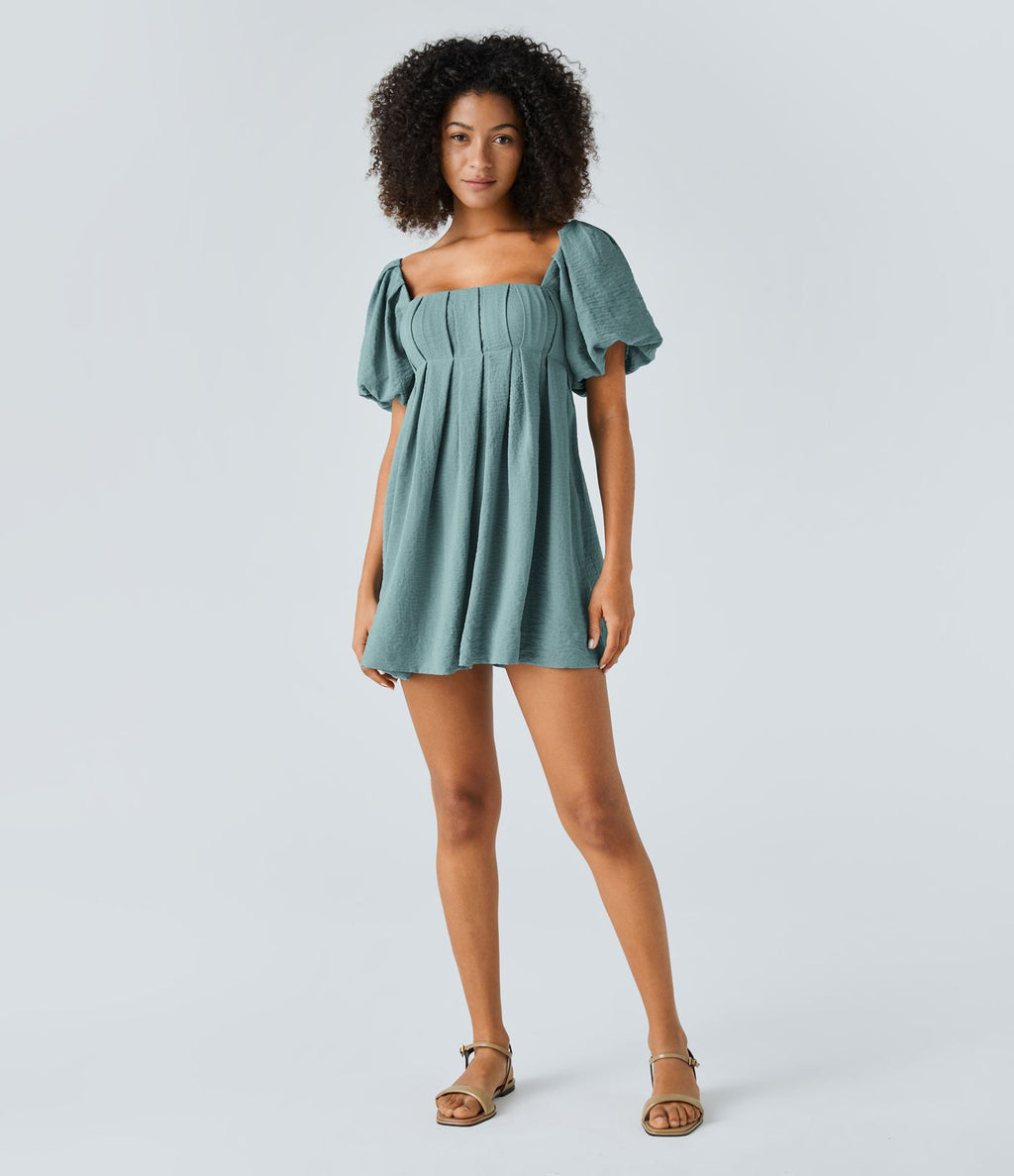 Robe Babydoll Casual Col Carré Dos Nu avec Lacets Manches Bouffantes Poches Latérales et Effet Lin