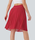 Jupe casual midi fluide 2-en-1 taille haute froncée maille contrastante avec poches latérales