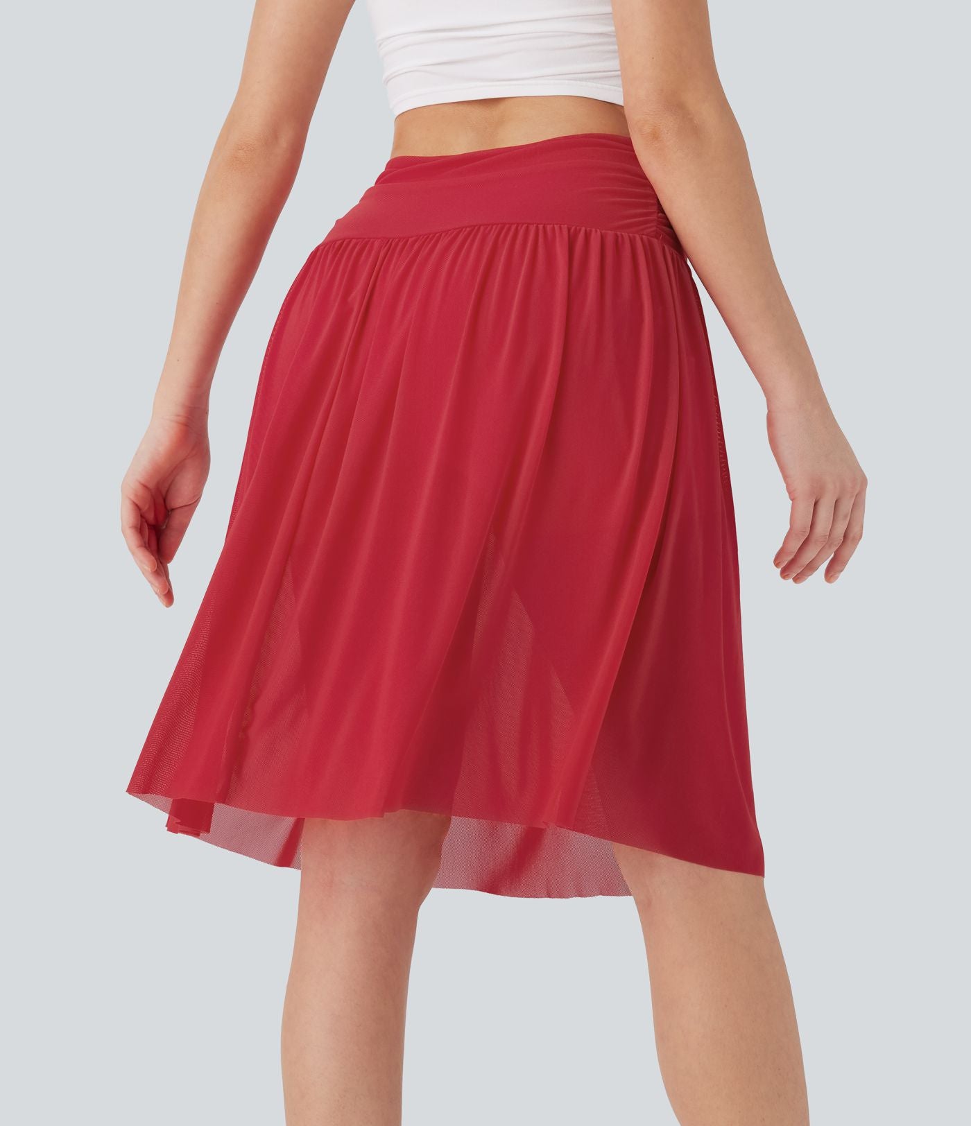 Jupe casual midi fluide 2-en-1 taille haute froncée maille contrastante avec poches latérales