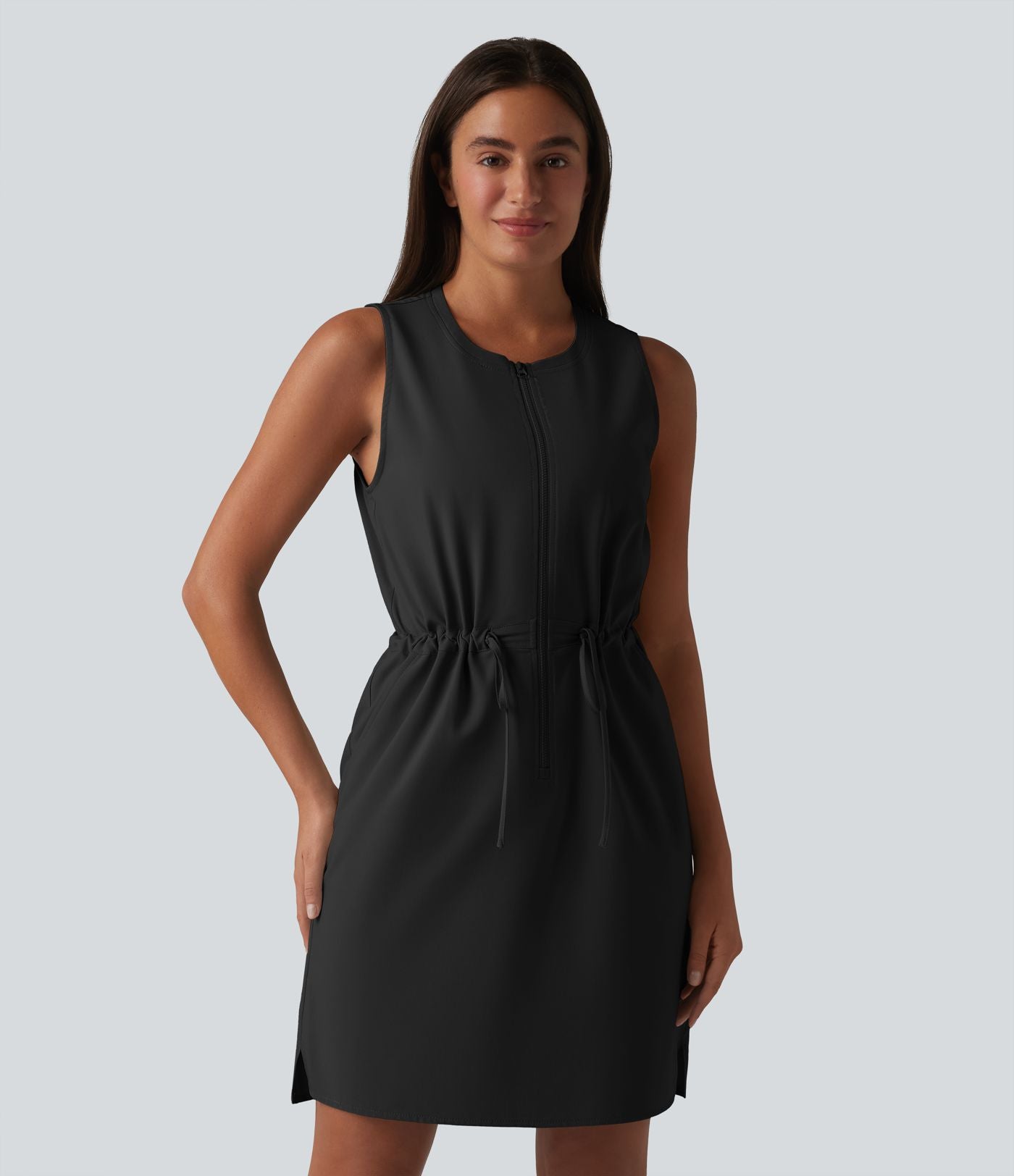 Robe sport mini de randonnée col rond sans manches demi-zip avec cordon de serrage et poches
