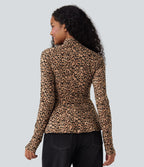 Veste décontractée Halara UltraSculpt™ imprimé léopard col montant manches longues avec trous pour pouces et poches