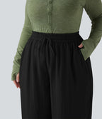 Pantalon grande taille large fluide taille haute avec cordon de serrage, poches et aspect lin