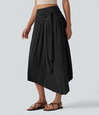Jupe midi fluide casual gainante côtelée taille haute à nœuds latéraux et ourlet asymétrique avec poches