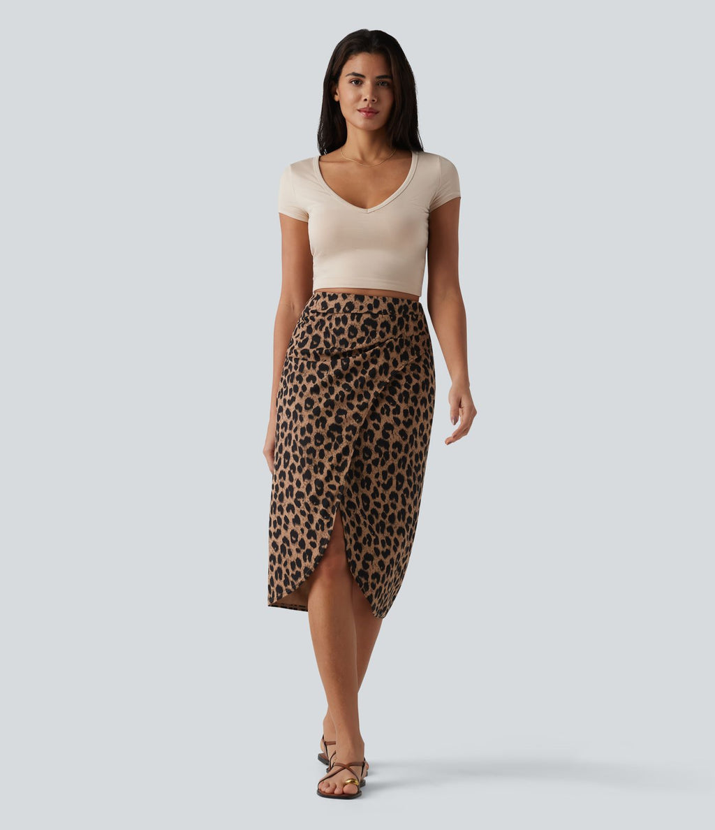 Jupe midi casual tulipe taille haute froncée en tissu gaufré imprimé léopard