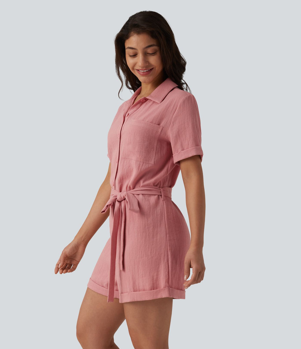 Combishort chemise manches courtes effet lin, avec ceinture et poche