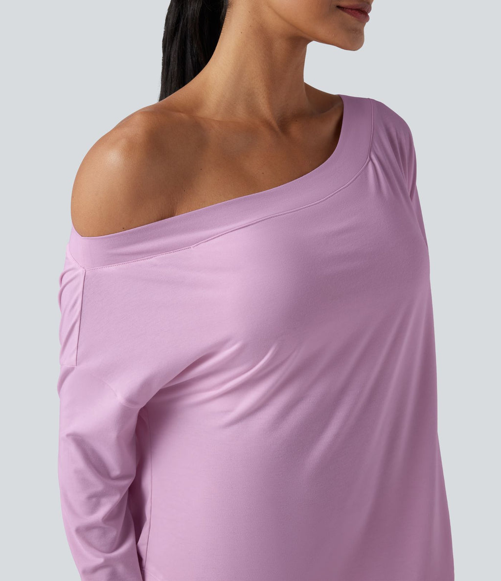 Top de sport yoga une épaule séchage rapide ourlet arrondi asymétrique manches longues avec trous pouces - Brassière intégrée