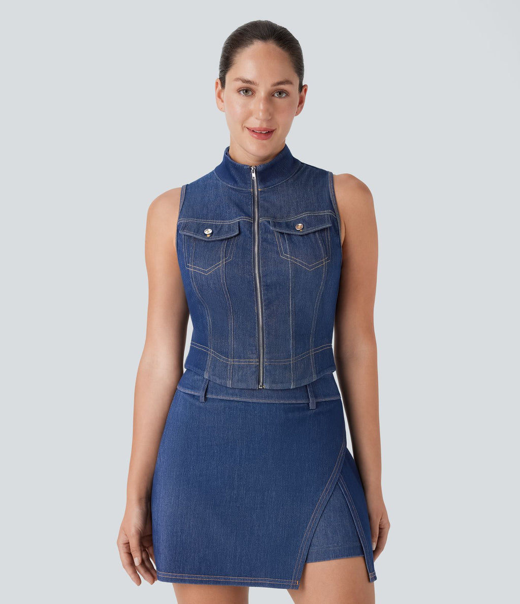 Débardeur de tennis Halara Flex™ en denim stretch délavé avec col montant, fermeture éclair et effet frais InstantCool