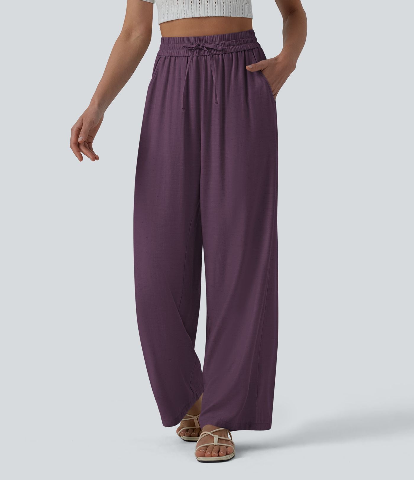 Pantalon casual large fluide mélange lin taille haute avec cordon de serrage et poches
