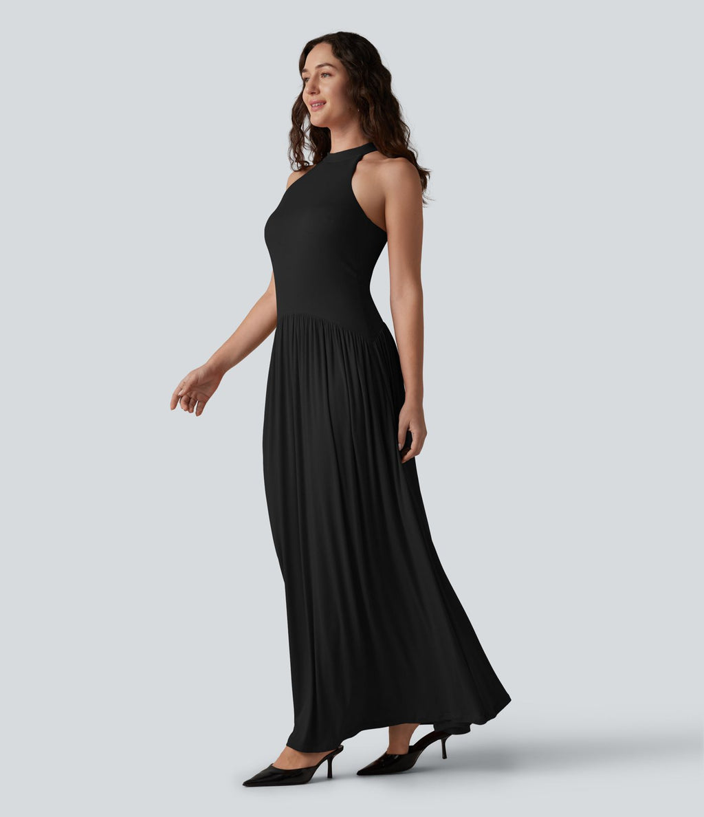 Robe longue côtelée à dos nageur, brassière intégrée et poches