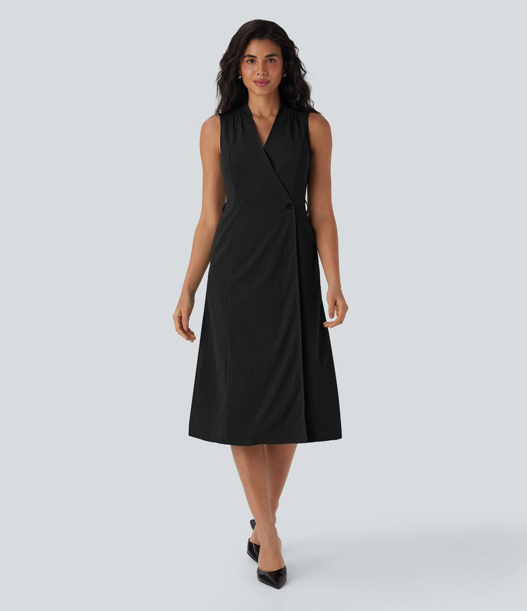 Robe de voyage mi-longue à col V, sans manches, portefeuille, ceinture et poches latérales