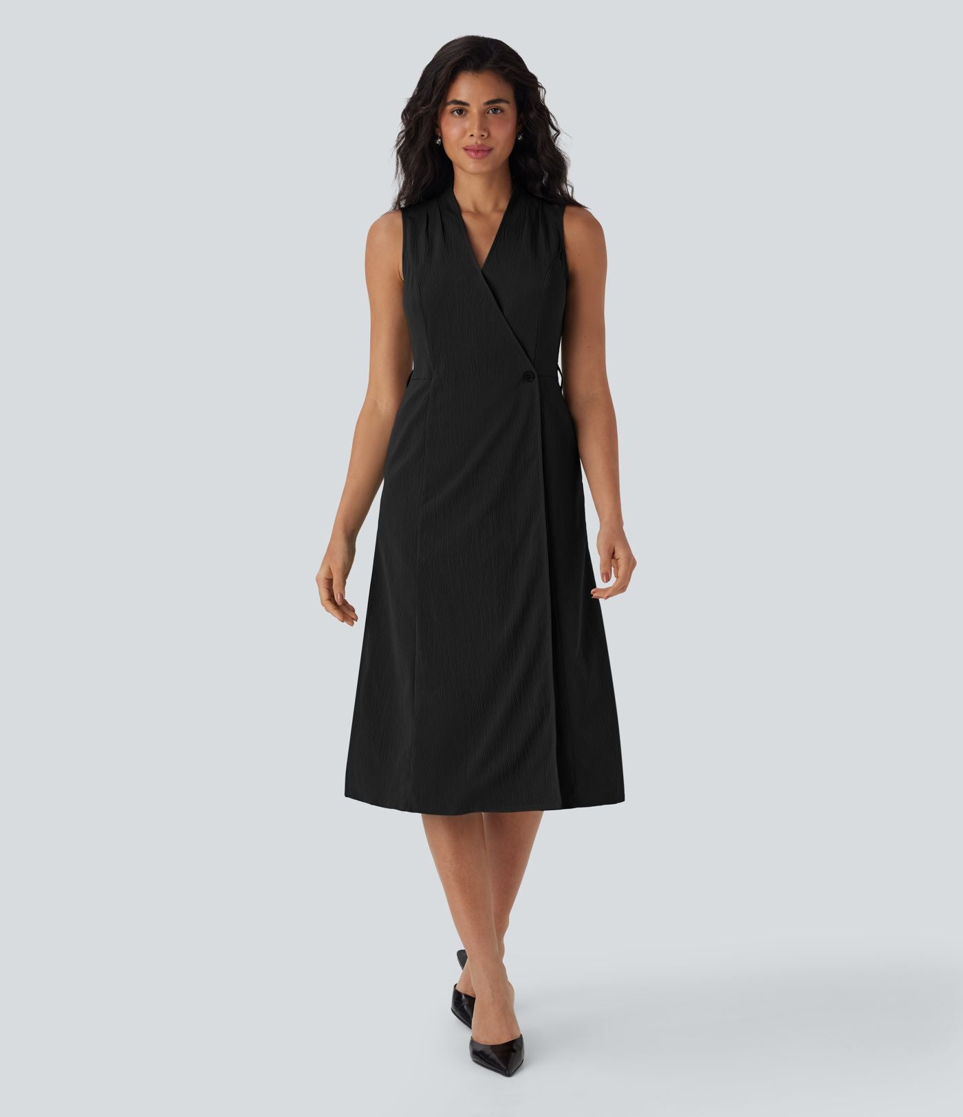Robe de voyage mi-longue à col V, sans manches, portefeuille, ceinture et poches latérales