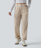 Pantalon décontracté mi-taille effet lin avec poches