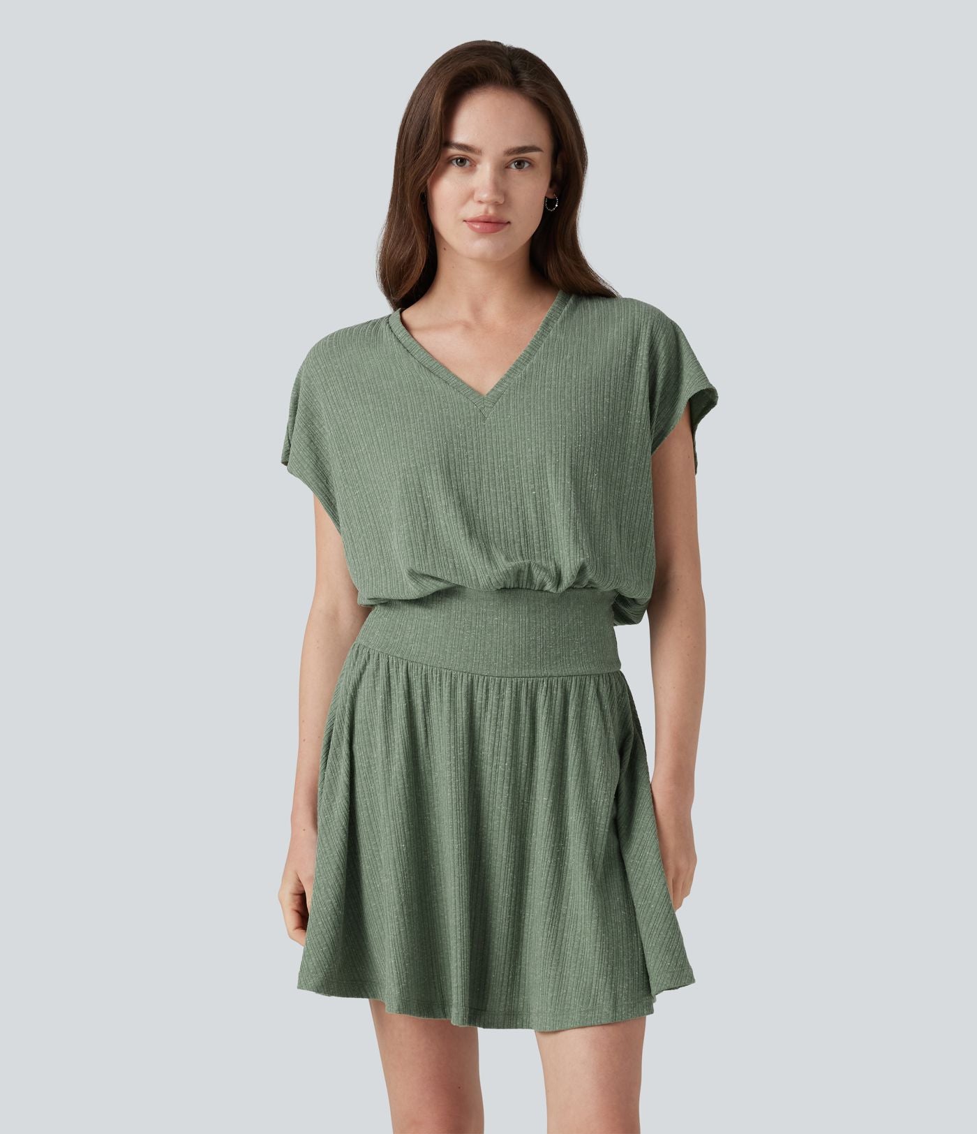Robe mini décontractée 2-en-1 en maille côtelée mélange de lin, col V, manches courtes, coupe fluide