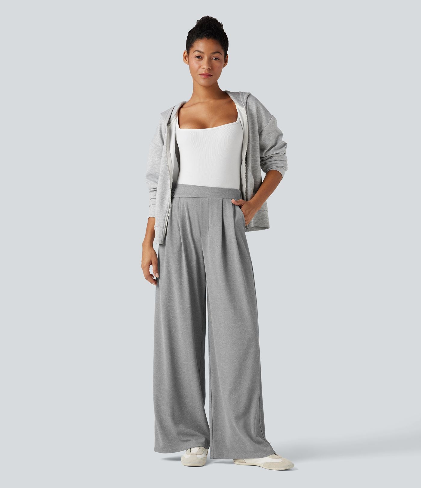 Pantalon taille haute décontracté large en maille gaufrée, avec poches