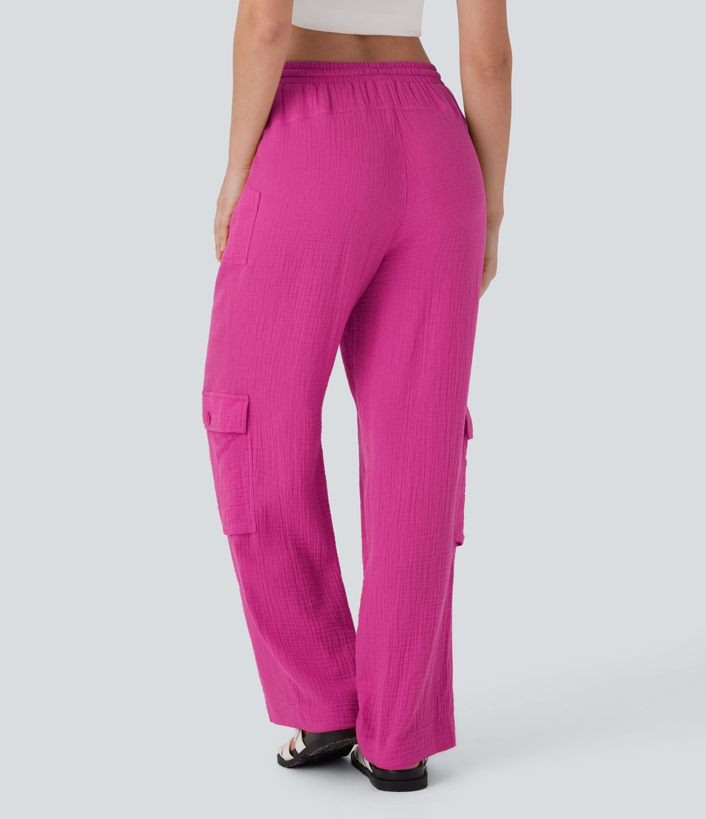 Pantalon cargo large fluide en coton taille haute avec cordon de serrage et poches
