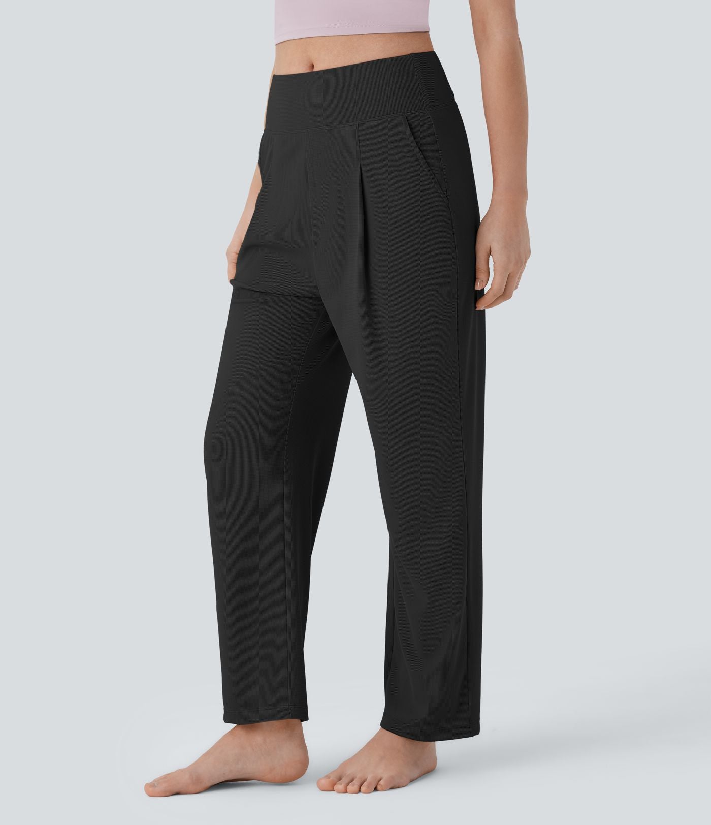 Pantalon de yoga droit en maille gaufrée, taille mi-haute, avec poche