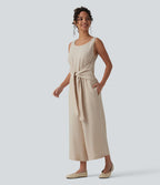 Combinaison casual aspect lin col rond échancré sans manches avec nœud frontal et poches – Easy Peasy