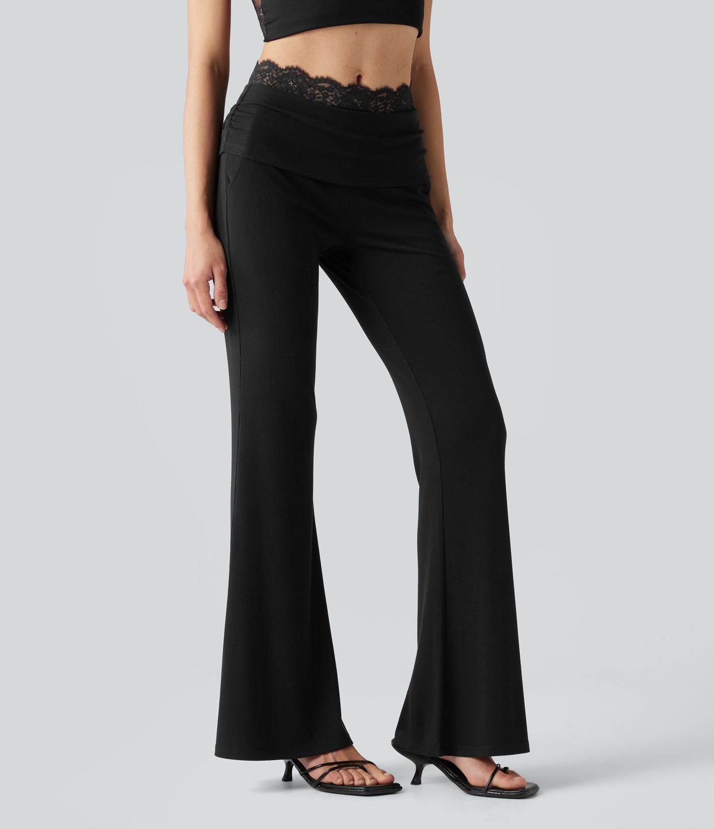 Pantalon décontracté évasé à taille mi-haute en maille côtelée extensible avec poches