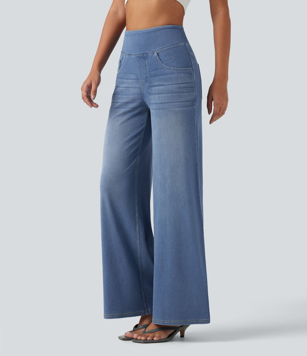 Halara Flex™ Jean large casual taille haute ventre plat, en lyocell drapé effet délavé, avec poches