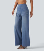 Halara Flex™ Jean large casual taille haute ventre plat, en lyocell drapé effet délavé, avec poches