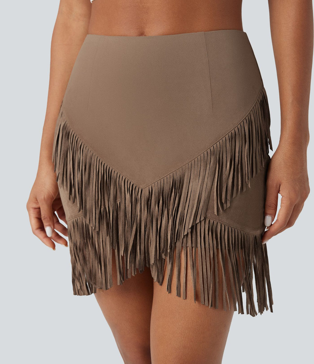 Jupe mini moulante décontractée 2-en-1 effet daim taille haute à franges
