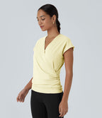 Blouse Travail Unie Froncée Croisée Manches Courtes Col en V