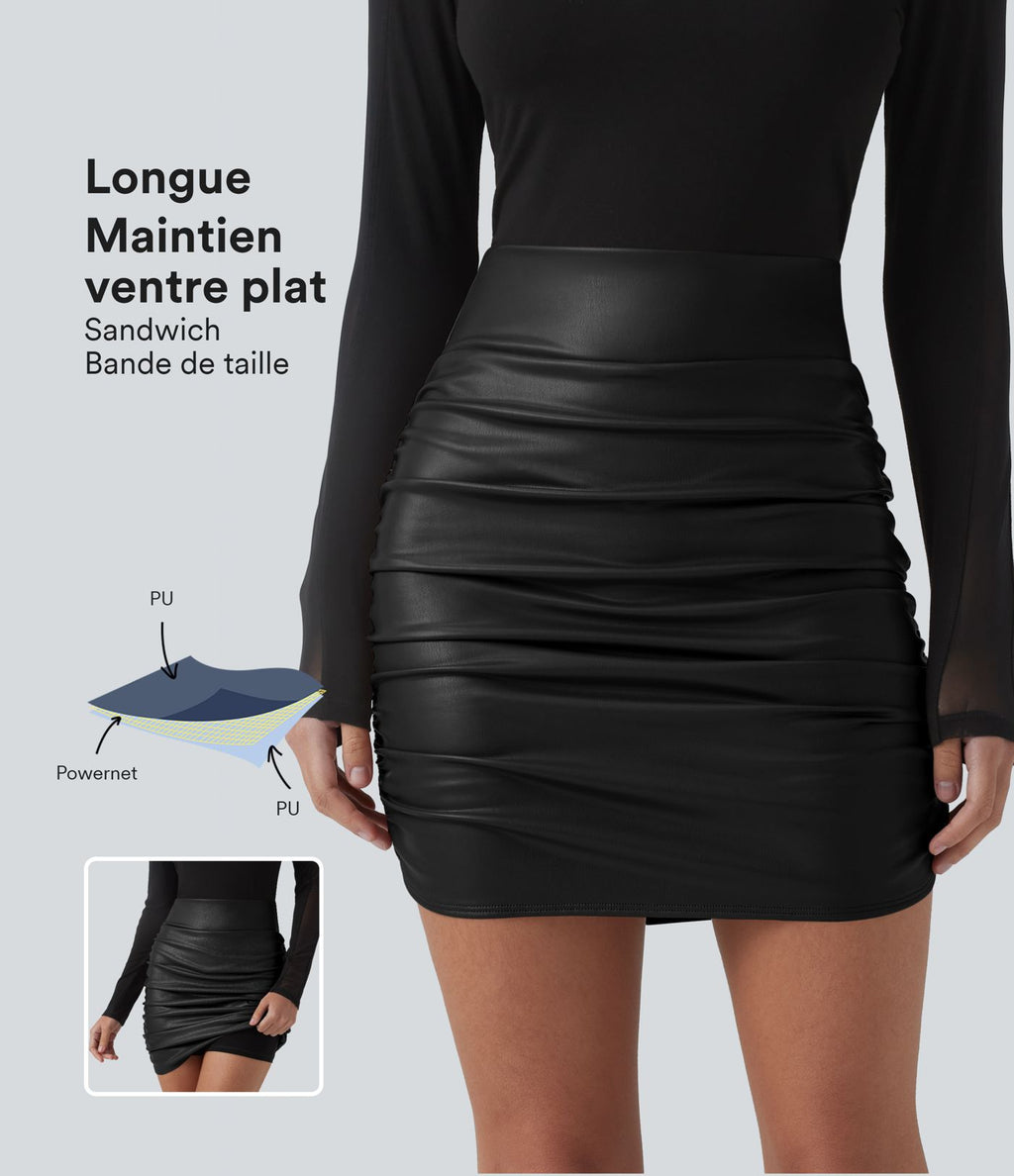Jupe mini moulante 2-en-1 en molleton et tissu enduit taille haute gainante avec fronces et ourlet arrondi - Longueur plus longue
