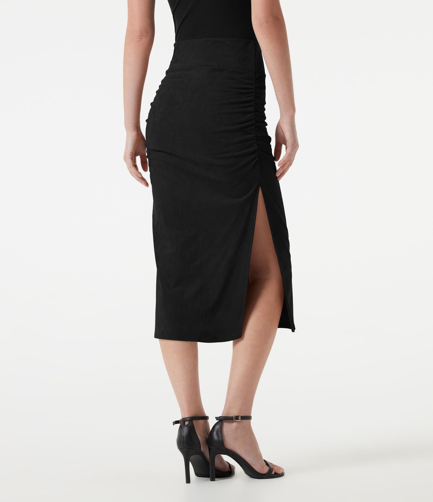 Jupe-short midi moulante taille haute effet ventre plat en suédine froncée