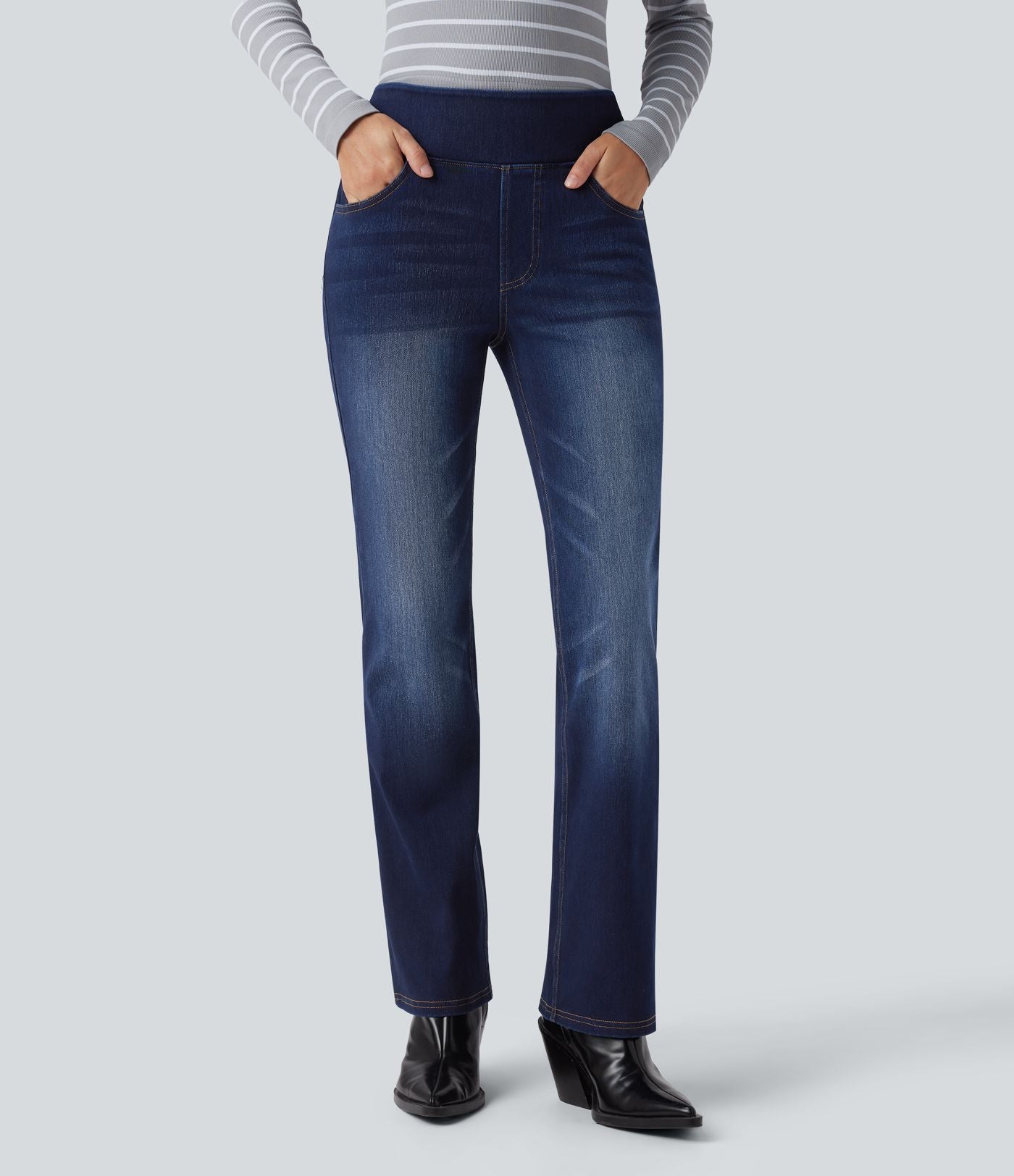 Halara Flex™ Jean bootcut décontracté extensible délavé taille haute à poches multiples