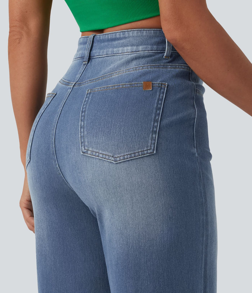 Jean large 7/8 décontracté Halara Flex™ délavé gainant taille haute ourlet roulotté avec poches