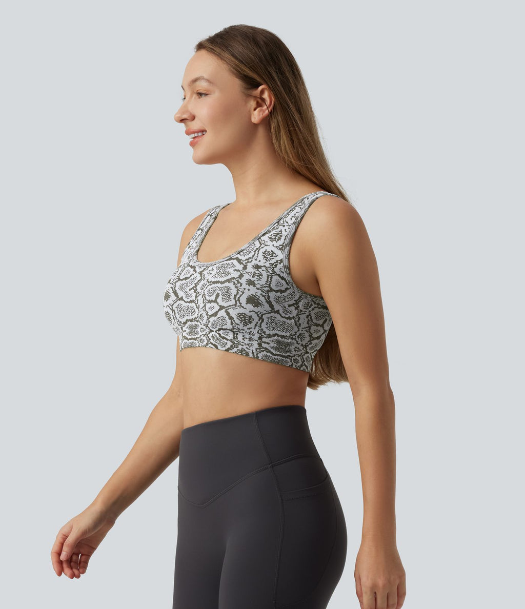 Brassière de sport yoga OneForm sans couture Flow maintien léger col U imprimé python avec soutien-gorge intégré