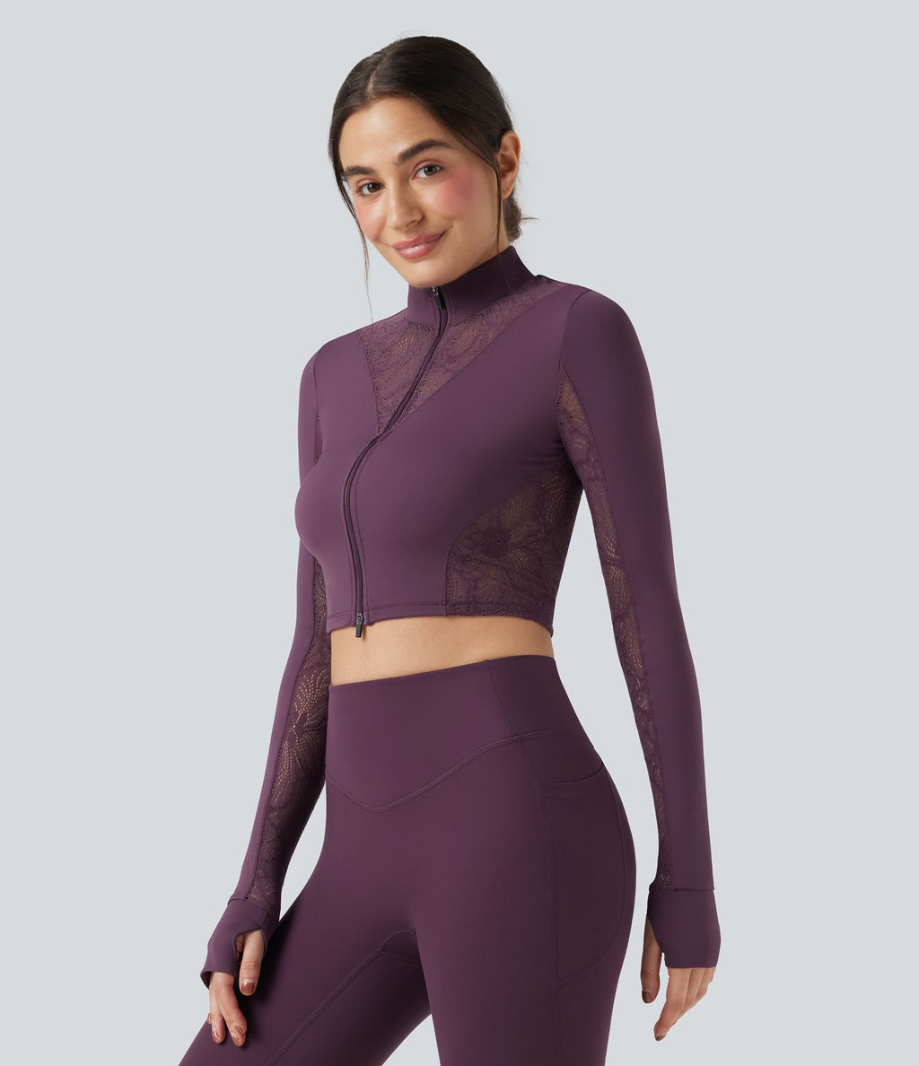 Veste de yoga SoftlyZero™ dentelle contrastante double zip à trous pouces - UPF50+