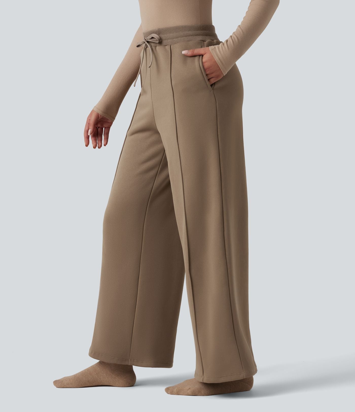Pantalon thermique coupe droite taille haute avec cordon de serrage et poches