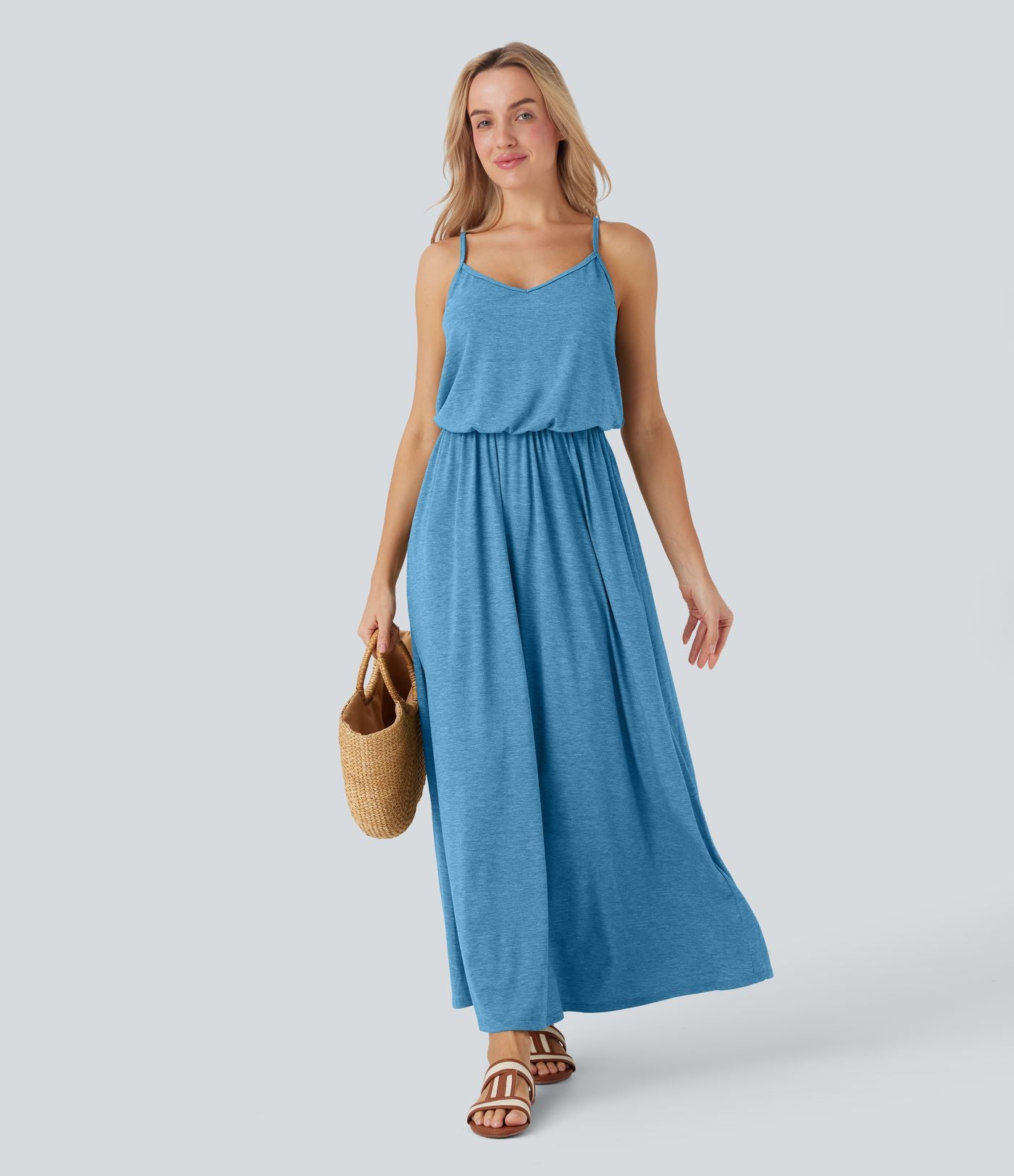 Robe longue fluide type nuisette à bretelles ajustables avec poches
