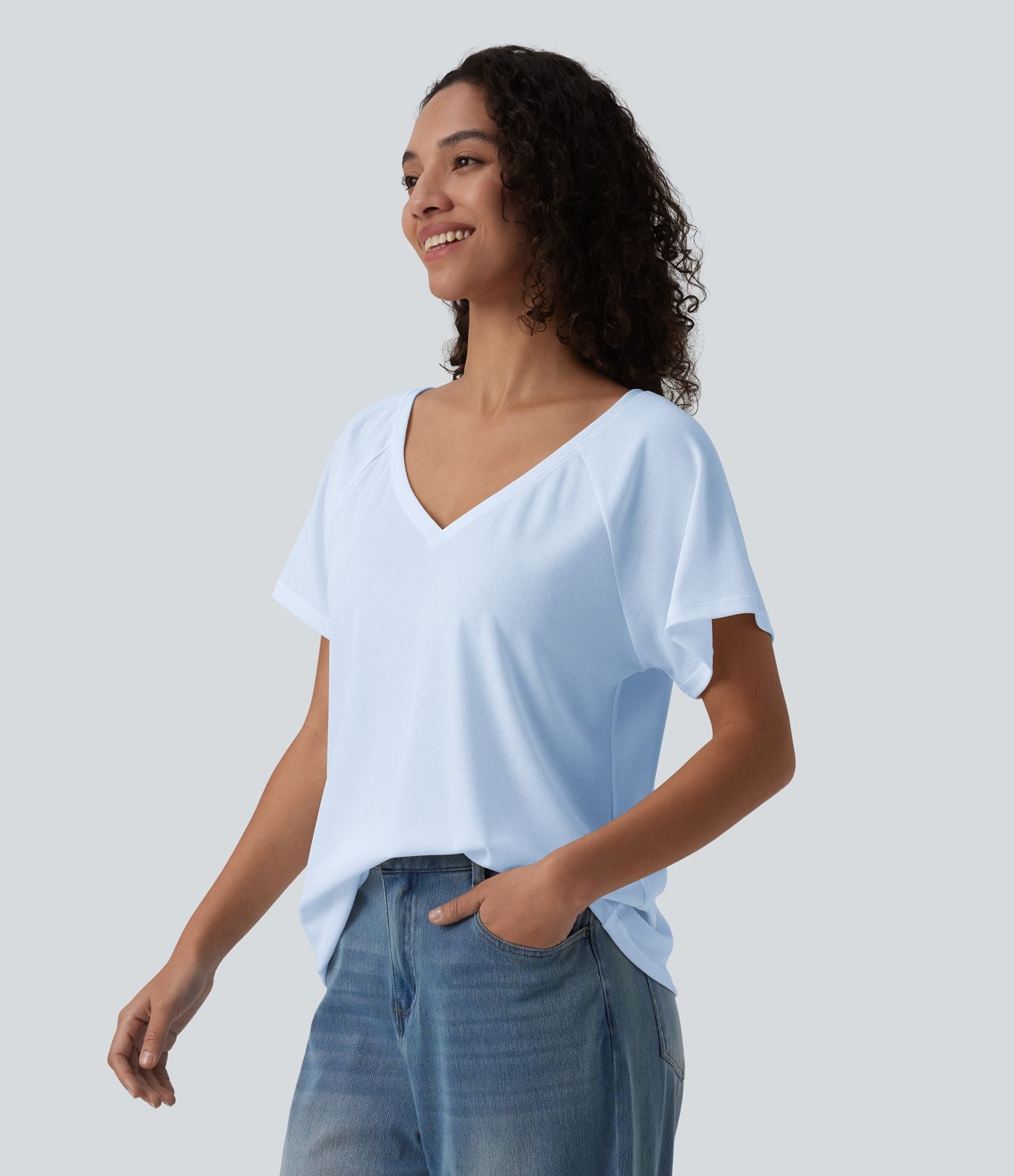 T-shirt casual col V manches raglan courtes coupe ample