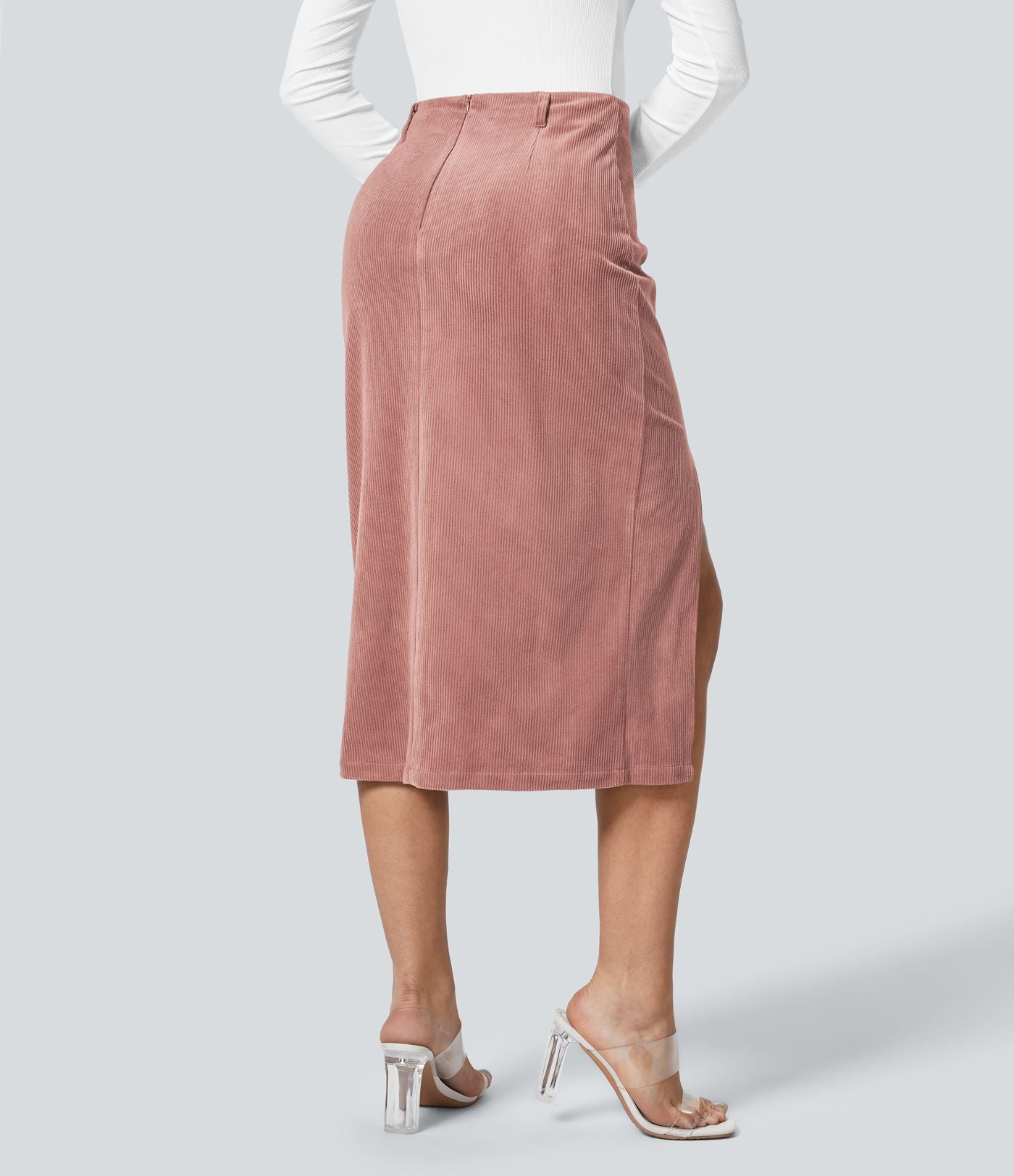 Jupe Casual en Velours Côtelé Mi-longue Taille Haute Fermeture Éclair Invisible et Fente fendue